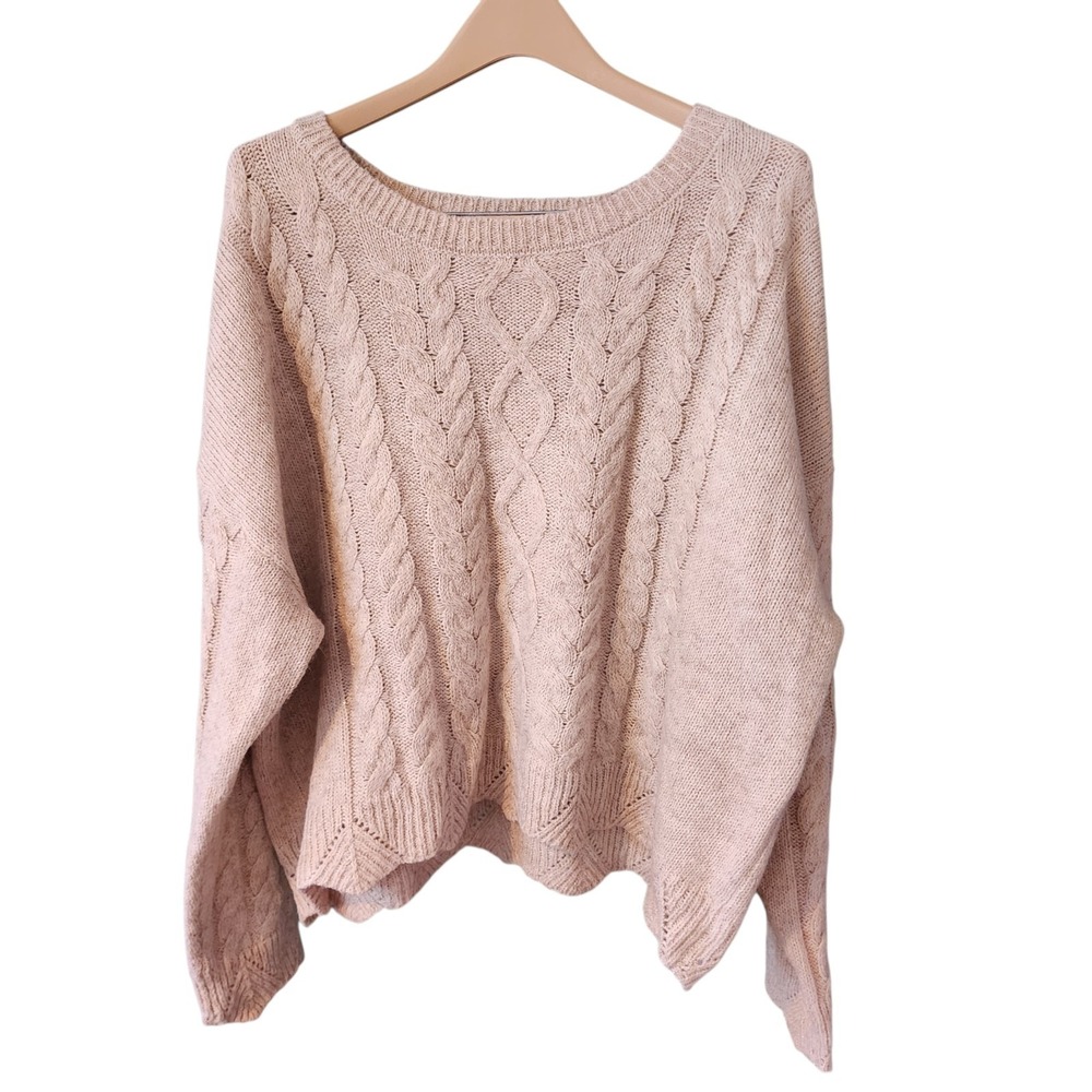 Lucky Brand Women's XXL Beige Cable Knit Sweater Boat Neck Long Sleeve Cozy